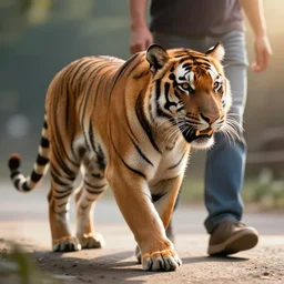 photo of a man walking a tiger like a dog ultra realistic, lens flare, atmosphere, glow, detailed, intricate, full of colour, cinematic lighting, trending on artstation, 4 k, hyperrealistic, focused, extreme details, unreal engine 5, cinematic, masterpiece, ultra realistic, hyper realistic, highly detailed, sharp focus, digital art