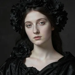 hyperrealism close - up mythological portrait of a beautiful medieval women partially made of black flowers in style of classicism using the fibonacci golden ratio, pale skin, ivory make up on the eyes, wearing black silk robes, dark and dull palette