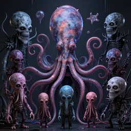CGI lisa frank gothic punk electrifying monsterous humanoid vampiric squid designs of varying shapes and sizes by genndy tartakovsky and Jamie Hewlett from gorillaz and the creators of fret nice high resolution, rtx