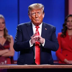 dobby donald trump cult initiation ritual on stage stage of the elen degeneres show, detailed facial expression