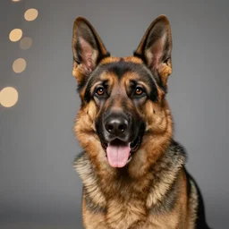 A studio portrait of an unhappy German Shepherd dog, bokeh, 90mm, f/1.4