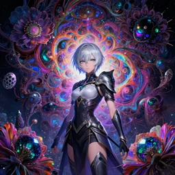rei ayanami, deep space, seascape, grimes anime girl, cute anime girl, silver hair, beautiful anime warrior, masterpiece by shikinami asuka langley, ernst haeckel, cosmos, psychedelic flowers, black opal, rainbow aura quartz, organic, oni compound artwork, of character, render, artstation, portrait, wizard, beeple, art, fantasy, epcot, psychedelic