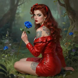 red jacket tattooed pinup french girl sits on a garden holding a blue rose, deep focus, turnaround, fantasy, intricate, elegant, highly detailed, digital painting, artstation, concept art, matte, sharp focus, illustration, hearthstone, art by artgerm and greg rutkowski and alphonse mucha.