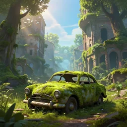 a abandoned ruined and mossy car in the middle of a ruined and mossy city full of trees, pixar and disney style, fantasy, digital art, digital painting, masterpiece, high quality, highly detailed, high coherence, path traced, bloom, godrays crossing the scene, complementary colors, apocaliptic ambient, beautiful, elegant, symmetrical