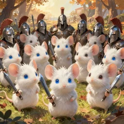 dungeons and dragons fantasy painting, close order phalanx of mice spartans, 3 0 0, whimsical and cute, determined expressions, watery blue eyes, anime inspired, white fur, tufty whiskers, steel blades, dawn lighting, in an autumn glade, thermopolae, by brain froud jessica rossier and greg rutkowski