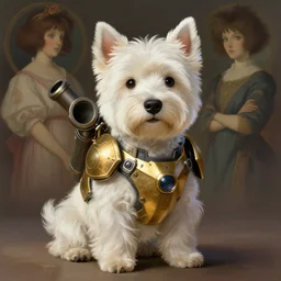 a west highland white terrier sitting politely, facing the camera, wearing futuristic, golden armor, and a cannon mounted on his back, portrait, high detail, sharp focus, digital painting, artstation, concept art, art by hayao miyazaki and artgerm and greg rutkowski and alphonse mucha.