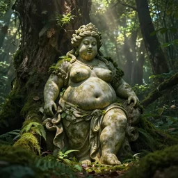 an old and beautiful statue depicting the hearty and chubby goddess of earth and trees, lost in heart of the forest | overgrowth | sunshafts | volumetric lighting | ultradetailed | ultrarealistic | dramatic lighting | fantasy |
