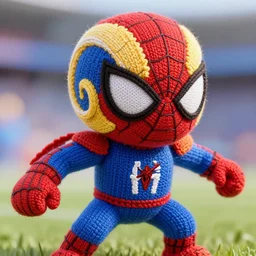 a closeup photorealistic photograph of a cute knitted spider man themed la rams football player in action. intricate stitching. professional capture. bright scene. this 4 k hd image is trending on artstation, featured on behance, well - rendered, extra crisp, features intricate detail, epic composition and the style of unreal engine.