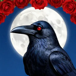 portrait, A crow with red eyes in front of the full big moon, book cover, red roses at the top, blue white black colors, establishing shot, extremly high detail, foto realistic, cinematic lighting, pen and ink, intricate line drawings, by Yoshitaka Amano, Ruan Jia, Kentaro Miura, Artgerm, post processed, concept art, artstation, matte painting, style by eddie mendoza, raphael lacoste, alex ross