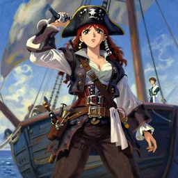 wide angle perspective of a female pirate, a thrifty uniform, somewhat of an anime in impressionist style, trending artwork, made with anime painter studio, by claude monet and an anime artist, collaboration
