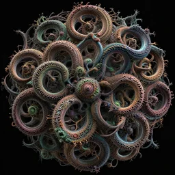 3d fractal wallpaper by Escher, geometrical figures, math, spirals tubes roots, completely filled space, psychedelic!!, mandelbulb 3d, digital art, high details, depth of field, hard lighting!, trending on artstation, deviantart, octane render, HD, (((Low light))), 8k, eric zener, zdzisław beksiński, dark background