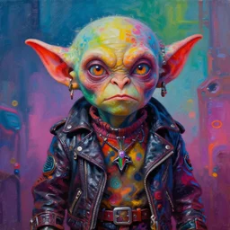 apocalyptic scifi squalor goblin standing for a professional photo, psychedelic vibrant colors, futuristic punk rock fashion, oil painting by michael whelan art, perfect faces, sharp focus, detailed eyes, realistic, leather jacket, 8 k