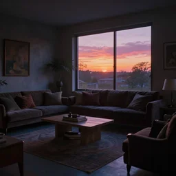 neon sunset in a tastefully decorated living room with dark luxurious furnishings, and a mix of antique and modern furniture, and a mix of concrete and wood finishes, soft focus cinematic still, dark dreamy sunset dappled light by maxfield parrish