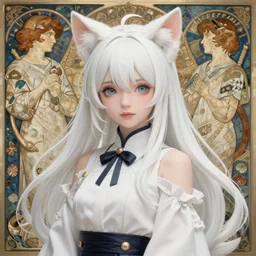 a very very beautiful anime cat girl, white hair, gorgeous clothing, matte painting, by greg rutkowski and ilya kuvshinov and alphonse maria mucha and yuumei, very clear details, hyper realistic, trending on artstation, 8 k