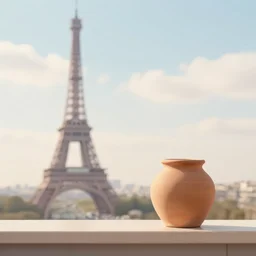 clay pot on balcony overlooking paris eiffel tower, light pastel blue sky and clouds in the background, softly - lit, soft - warm, zen, light, modern minimalist f 2 0 clean