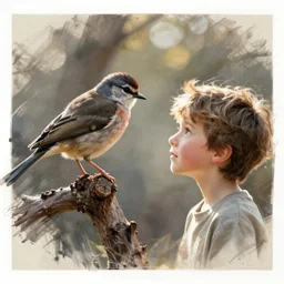 bird and boy sketches by concept artists, blunt borders, rule of thirds, whimsical, light and shadow, backlighting