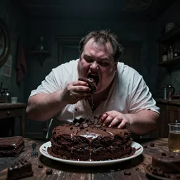obese morbid bruce bogtrotter forced to eat piles of chocolate cake by cooky in a small dark room, he's sweating profusely as he eats handful after handful of rich dark cake, eery wide angle morbid scary dark