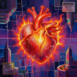 A concept of Melancholic Euphoric heartshine in the crush of oblivion, a heart burning fiercely into a new essence. The vibrancy of nouveau is gilded with hollow-wishes. Trending on ArtStation. Vivid Grimdark-Neon Geometric oil spattered Digital scene of a futuristic sci-fi cityscape space colony. A mismatched grid of fate-stitched-patchwork memories. | WARNING, DANGER, REDACTED SLICES OF SPACETIME DETECTED, GLOBAL RESTART IMMINENT