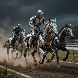 “ mechanical race horses by h. r. giger, lining up for a race at a race track, octane render, 3 d animated, unreal engine 5, ominous lighting, hdr, 8 k ”