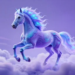 a stunning horse with bioluminescent mane and tail running in the clouds by sandra chevrier and greg rutkowski, purple blue color scheme, vaporware, retro, outrun, high key lighting, volumetric light, digital art, highly detailed, fine detail, intricate, ornate, complex, octane render, unreal engine, photorealistic