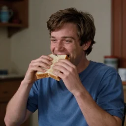 “Eddie Munson from stranger things eating a sandwich laughing”