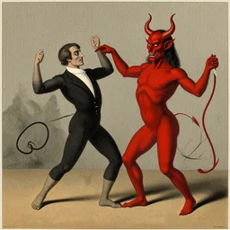 A vintage scientific illustration from the 1970s of a men dancing with the devil by René Magritte
