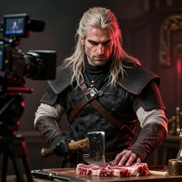 Geralt witcher as a butcher with axe in his hand, shot from professional camera, ultra realistic, rim light, beatiful vivid lights