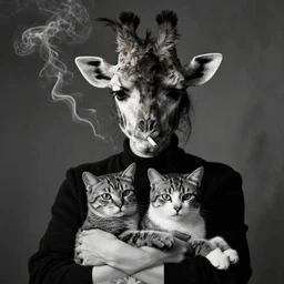 photographic portrait max ernst sad woman giraffe feathers face cigarette smoke, holding a cat, editorial