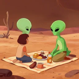 An is having a picnic with a green alien on Mars, by Jordan Grimmer, digital art, trending on Artstation,