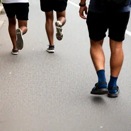people running away from a guy wearing socks and sandals.