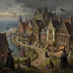 a festive coastal magical village with witches and religious cults, inspired by victorian england and amsterdam, highly detailed, intricate, digital painting, trending on artstation, concept art, matte painting, art by greg rutkwowski, craig mullins, octane render, 8 k, unreal engine