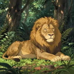 still photo of a majestic lion resting near the canopy forest, by Studio Ghibli