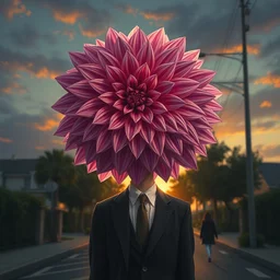closeup giant dahlia flower head, frontal, girl in a suit, standing in street, surreal photography, sunrise, dramatic light, impressionist painting, digital painting, artstation, simon stalenhag