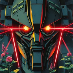 risograph grainy painting of gigantic huge evangelion - like gundam mech face, dark colors, with huge earrings and glasses with a lot of details and lasers, covered with plants, hyper light drifter scene by moebius and dirk dzimirsky and satisho kon, close - up wide portrait