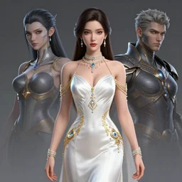 a beautiful woman  wearing a  white  dress made of silk with golden ornaments and diamonds jewelry by alex gray and android jones , Karol Bak, Ayami Kojima, Amano , concept art, character design, fantasy,3D, 8k resolution