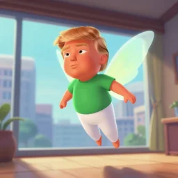 little ginger donald trump, wearing white pants and green shirt, floating in air in a room, fairy wings at his back, closeup, modern city through window, no trees, concept art, artstation, disney, pixar, dreamworks, anime, tyler edlin, feng zhu, jparked, thomas karpi