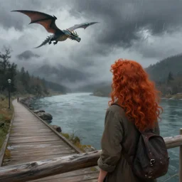 a realistic digital painting of a woman with curly long redhair standing in a boardwalk besides a river looking at a dragon flying out of the mountains in a fog during a thunderous weather