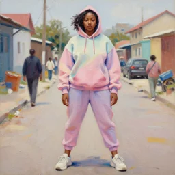 ( ( hunter schafer ) ) samara weaving from die antwoord by martine johanna and donato giancola, wearing a hoodie, standing in a township street, street fashion outfit,!! haute couture!!, full figure painting by john berkey, david choe, ismail inceoglu, pastel color, detailed impasto brush strokes, 2 4 mm lens