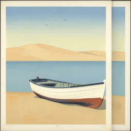 a vintage neo retro poster painted of little traditional boat at bassin d'arcachon lac, a sand dune in the background with 3 birds in the sky, australian tonalism, pale gradients design, matte drawing, clean and simple design, outrun color palette. by Morandi, Agnes Pelton