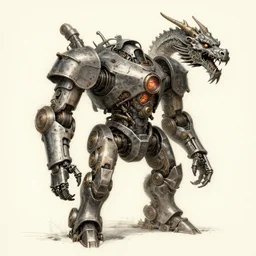 distant full - body drawing of a iron mechanical furnace body and dragon head, concept art by ian miller, artstation, sots art, steampunk, concept art, da vinci, greg rutkowski