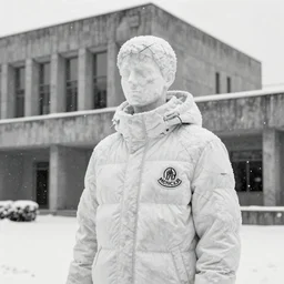 black and white photo of snow falling on white cracked marble statue, in the background is a snowy concrete brutalist building, the statue is wearing a haute couture winter jacket by moncler genius, the statue is made of white marble, everything is white marble, sharp focus, depth of field, clear focus, beautiful, denoise, clean, japanese fashion