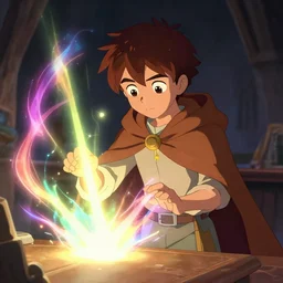 a young boy mage with a brown cloak and brown hair is standing at his desk working on a new spell, colorful, flowing energy, light rays, anime boy, boy, consistent face, anime boy face, medium shot, waist up, pixar and disney animation, sharp, concept art, highly detailed, trending on artstation, bloom, dramatic lighting, cinematic