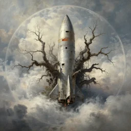 abandoned rocketship, many thick dark knotted branches, detailed, ethereal, round clouds, dramatic lighting, artwork by albert bierstadt charlie bowater ruan jia raymond swanland