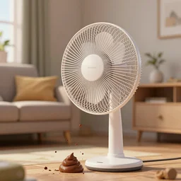 stopmotion moment when poop hits the plastic fan in a living room, splashes, trending on artstation, digital art, extremely detailed