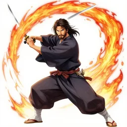 jesus in a kimono swinging his sword and making a fire wave on the hill, artistic, hyper realistic, full hd, good lights