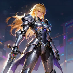 katana zero video game character, huge sword, futuristic full body armor, cyborg, synthwave art, colorful, digital art,  thiago lehmann