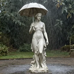 a full body sculpture portrait of emma watson made of stone, holding an umbrealla in the shower like rain, beautiful dressed