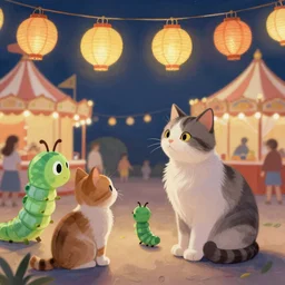 detailed painting of cats and caterpillars at a carnival at night watching paper lanterns, in the style of eyvind earle and claude monet and vincent van gogh