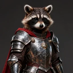Full-length portrait of a raccoon humanoid wearing heavy armor. Iron armor, red cape, clothing. Head and shoulders. Dark fantasy, digital art, HD, detailed.