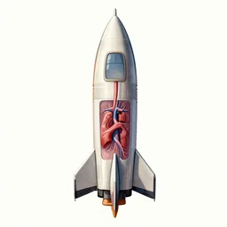 anatomical illustation of a rocket ship with a blood circulatory system